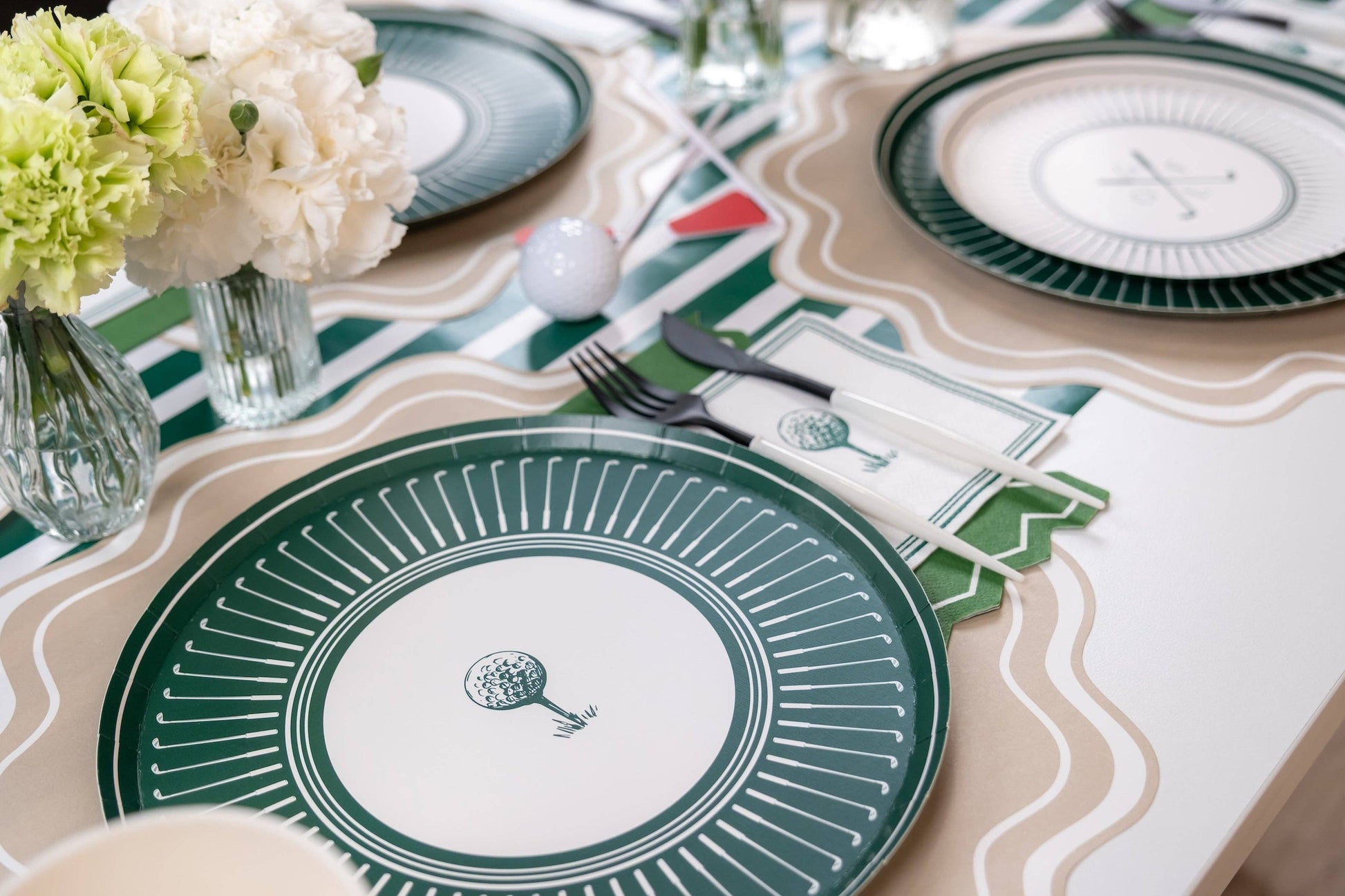 Dark green striped table runner by Gatherings, 18x120 inches, showcasing a stylish fabric with bold green and white stripes.