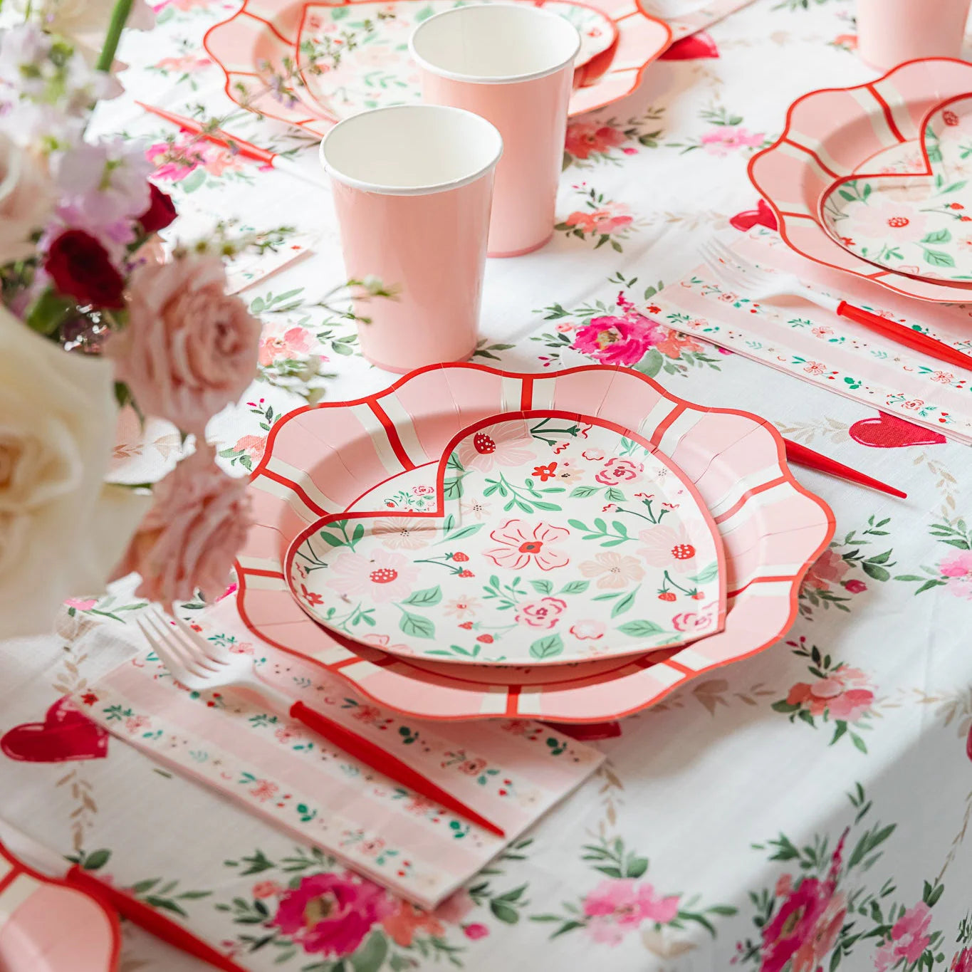 Pink & Red Floral Heart Dessert Plates - 8" | Set of 8 - Porcupine Paper Co.