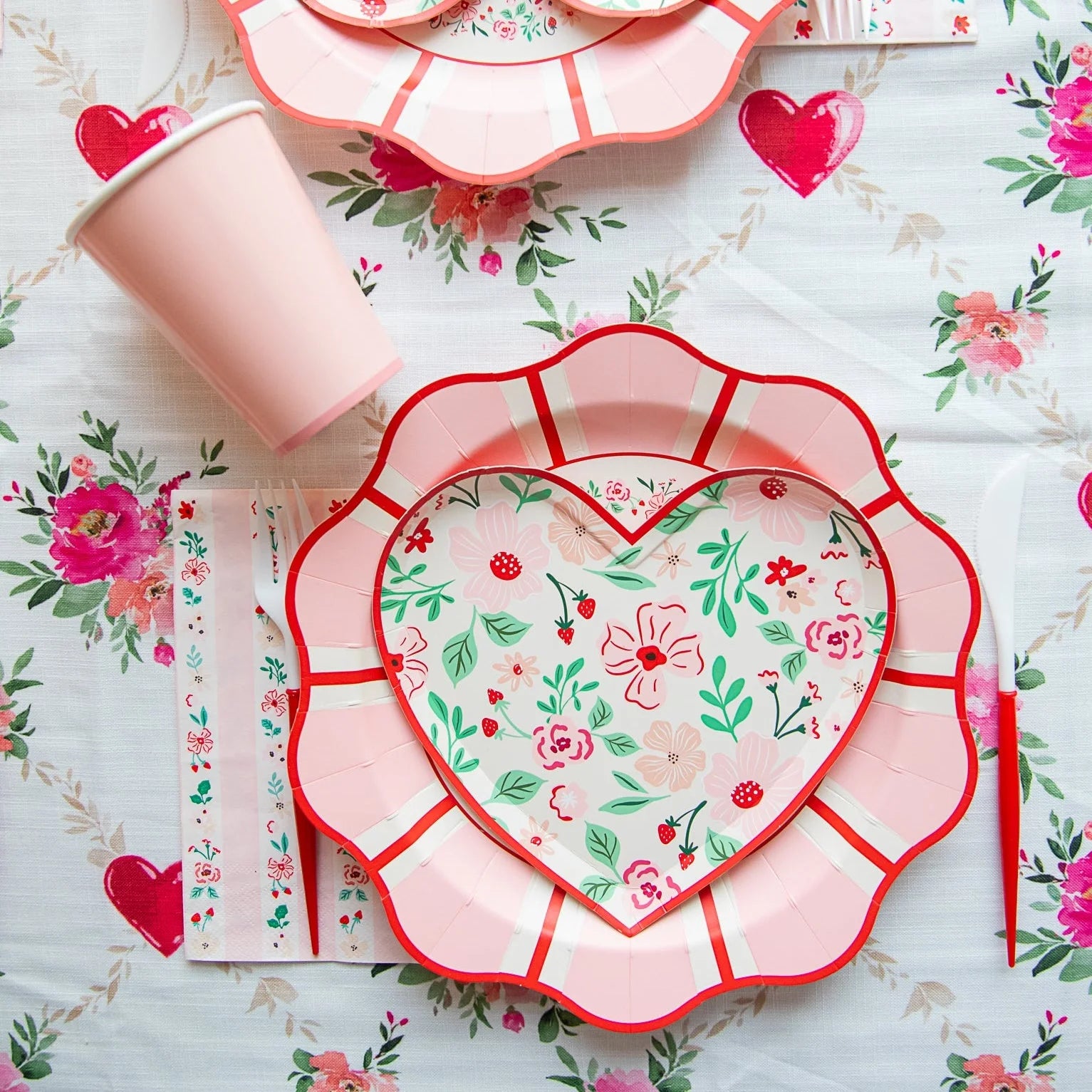 Pink & Red Floral Heart Dessert Plates - 8" | Set of 8 - Porcupine Paper Co.