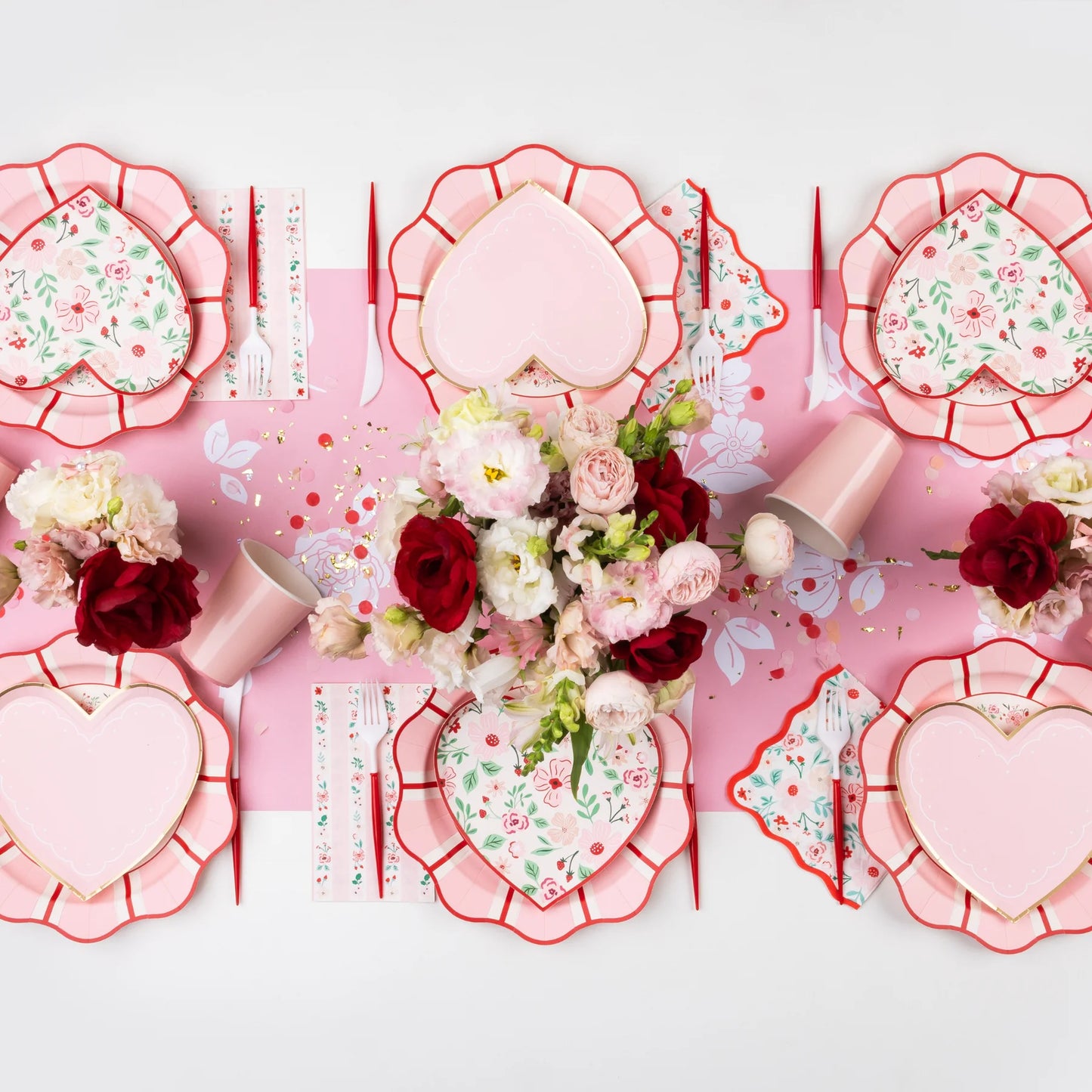 Pink & Red Floral Heart Dessert Plates - 8" | Set of 8 - Porcupine Paper Co.